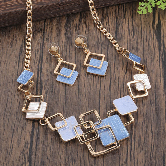 Necklace And Earrings Kit Zinc Alloy Geometric Square Color Oil Necklace Hollow Female