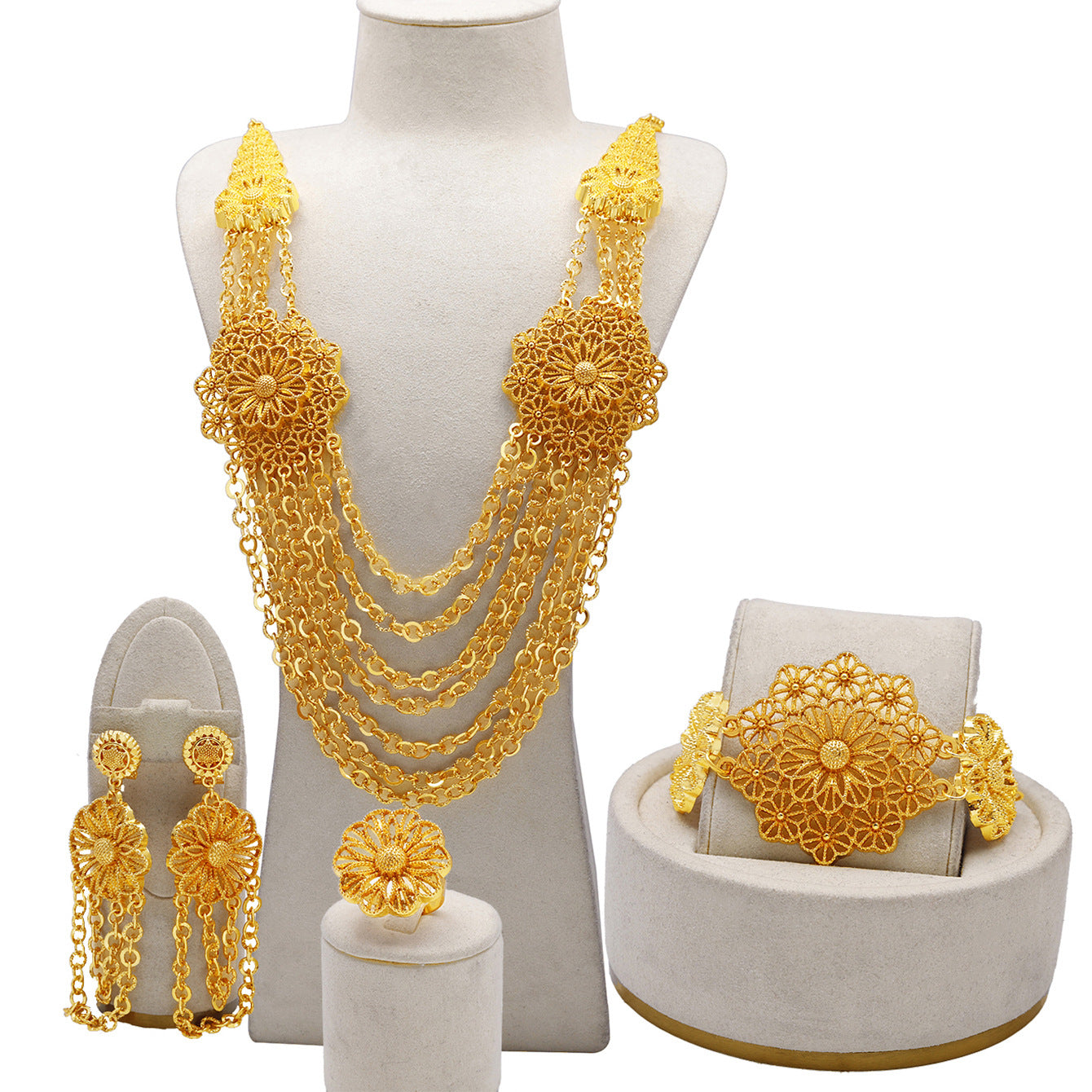 Gold Flower Necklace Earring Ring Bracelet Set