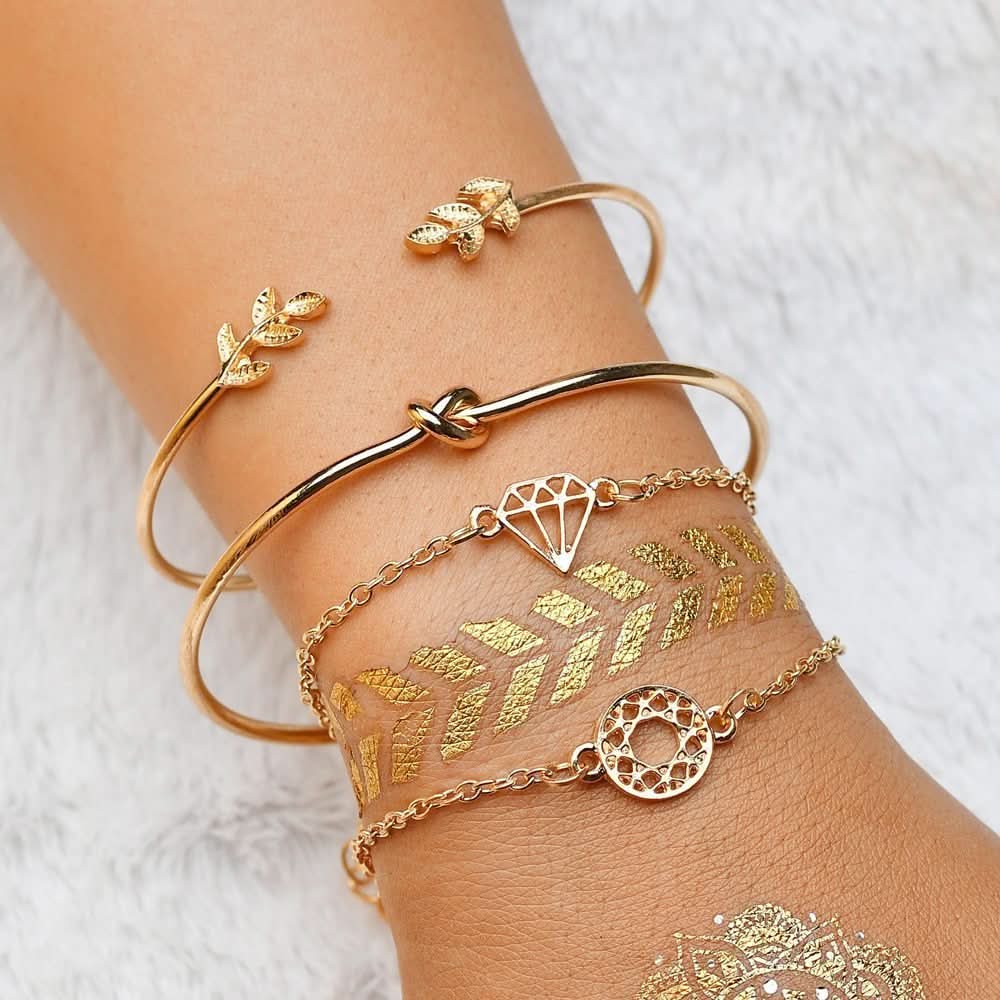 Aliex WISH fashion popular new women's cute leaves hollow round opening bracelet bracelet set - STRAVAE