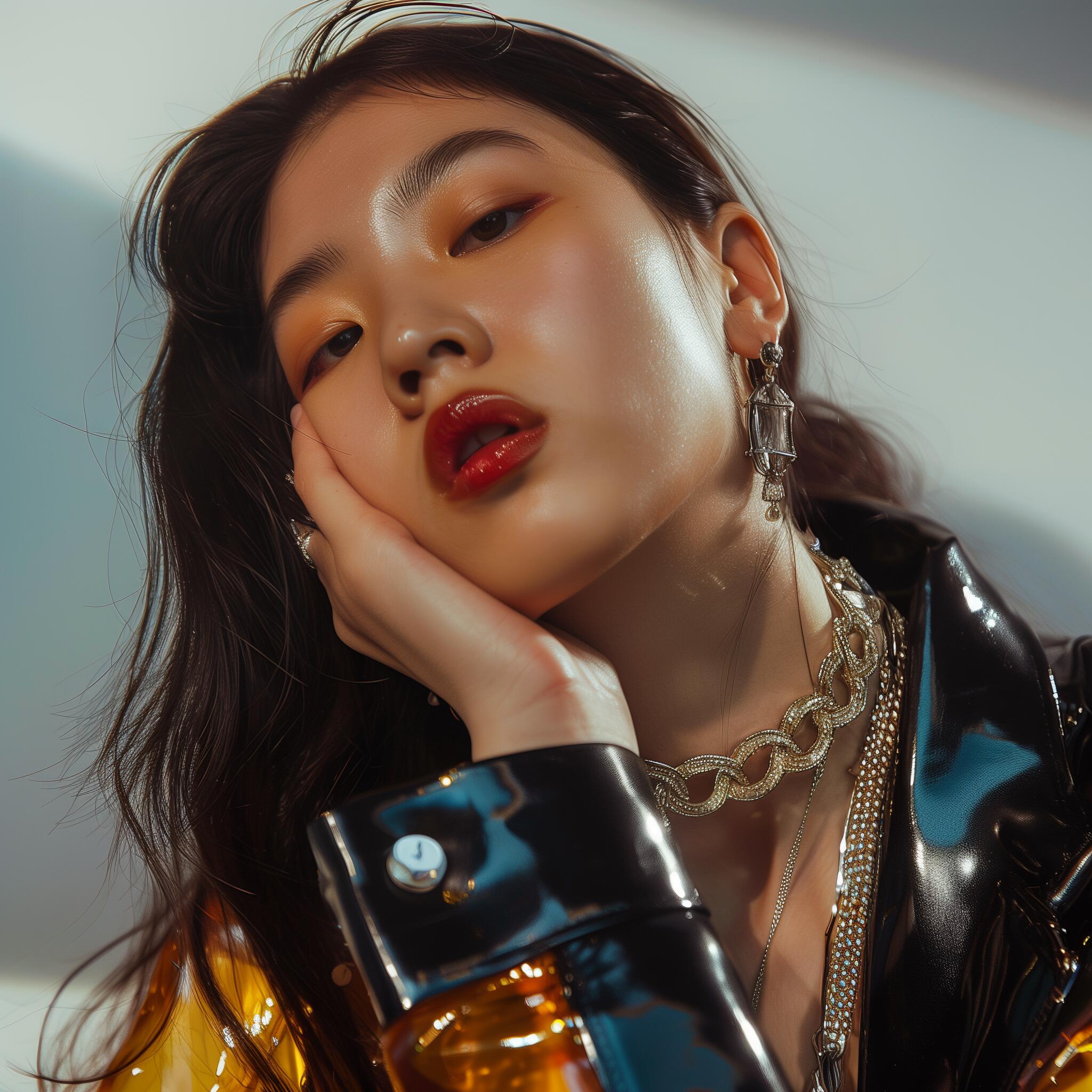 Model wearing STRAVAÉ statement earrings