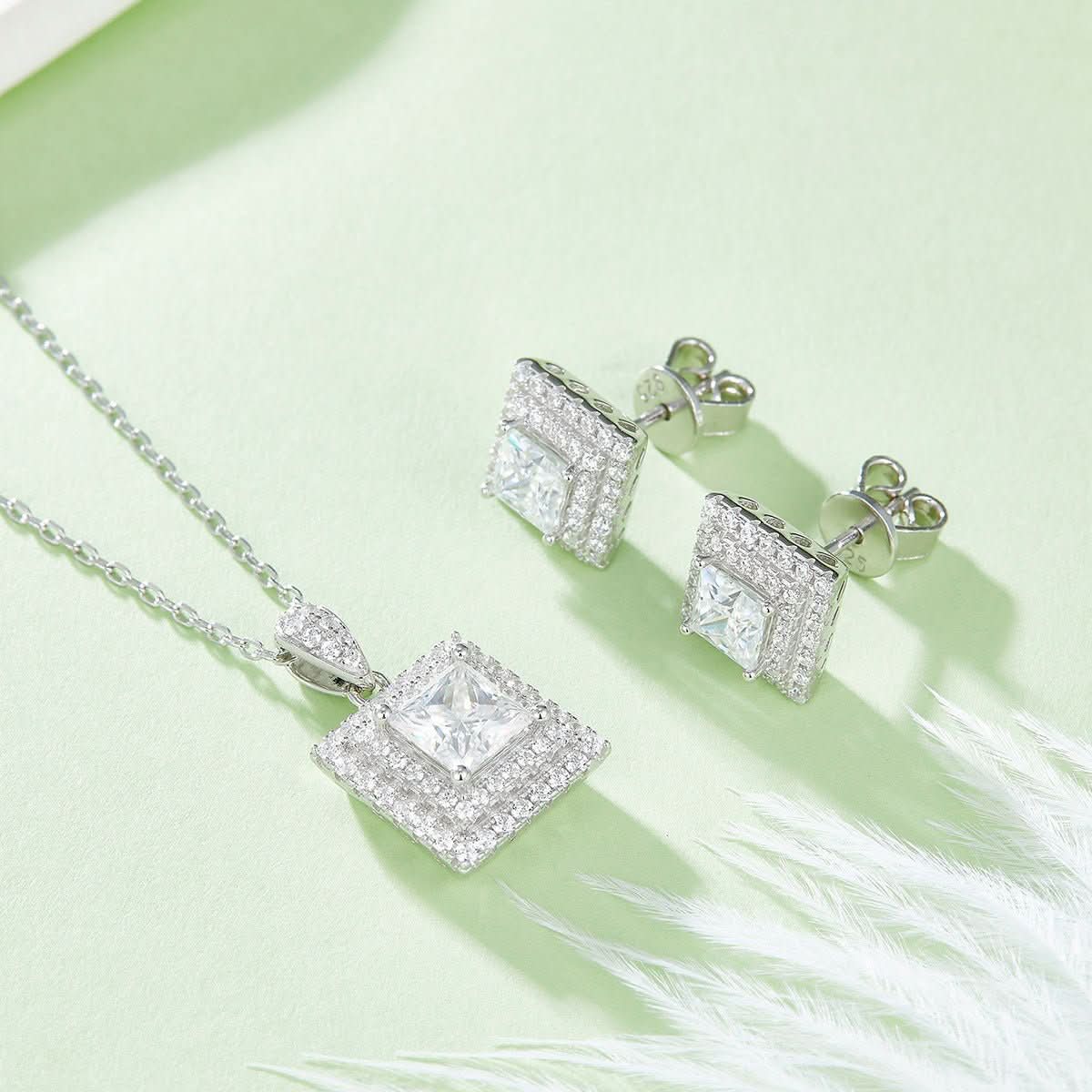 Moissanite Princess Square Rings Ear Studs Necklace - STRAVAÉ