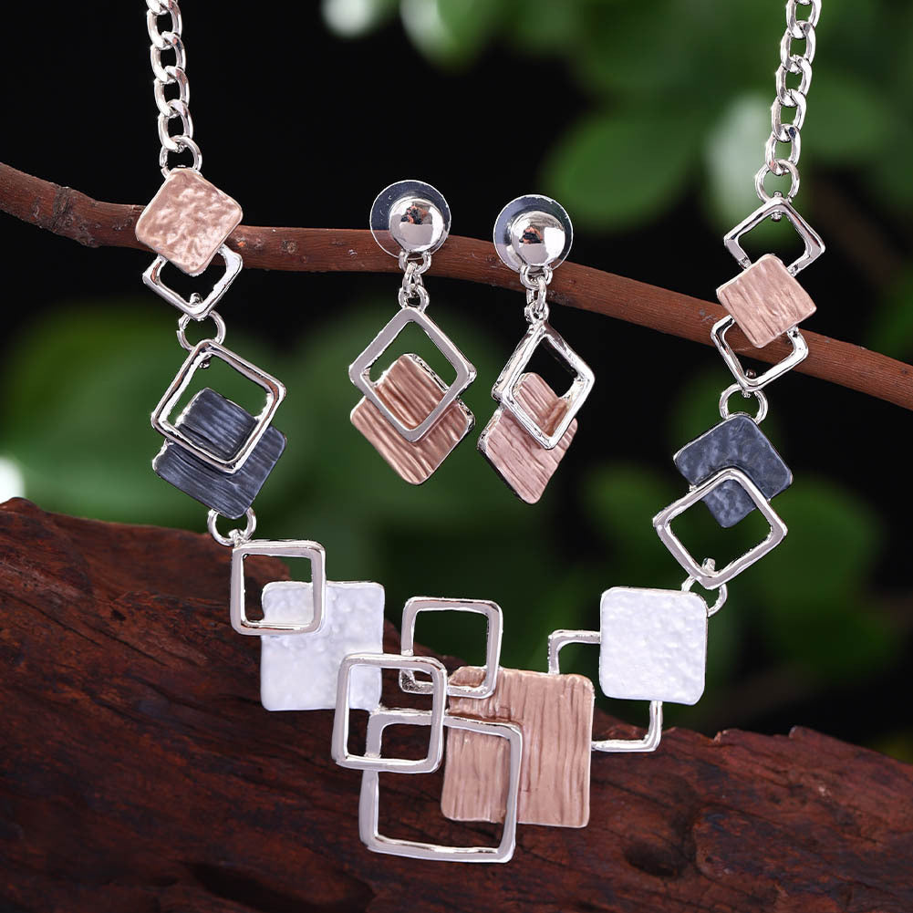 Necklace And Earrings Kit Zinc Alloy Geometric Square Color Oil Necklace Hollow Female