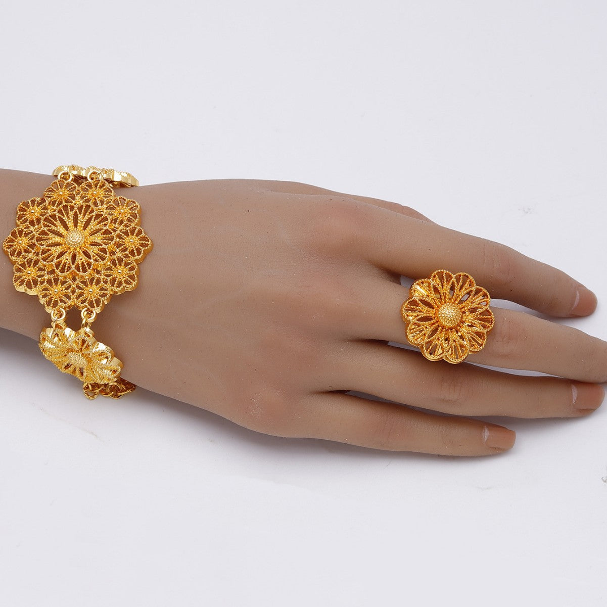 Gold Flower Necklace Earring Ring Bracelet Set