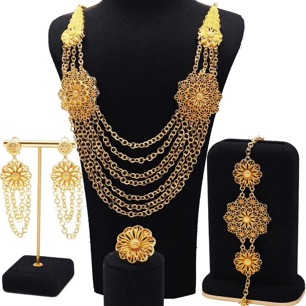 Gold Flower Necklace Earring Ring Bracelet Set