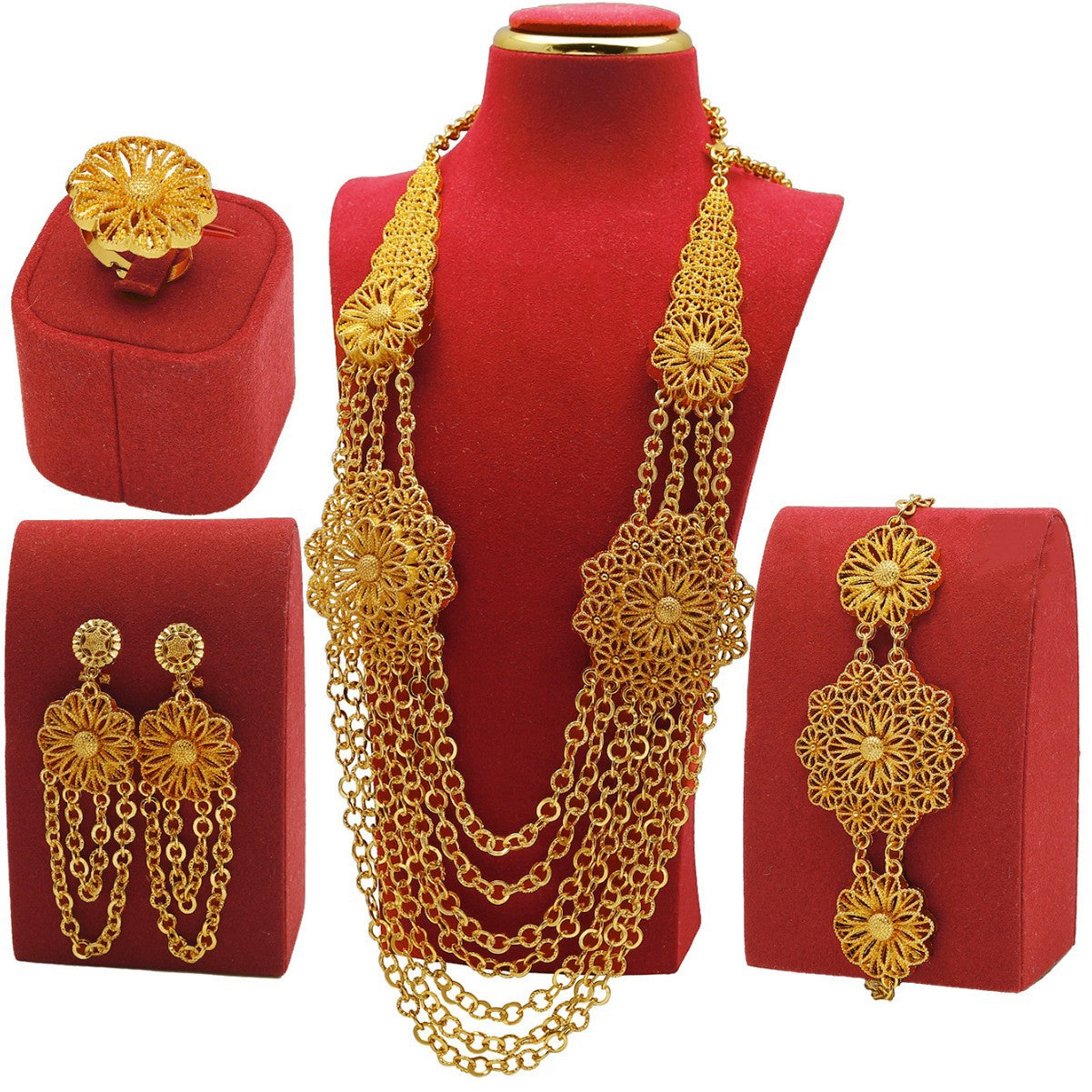 Gold Flower Necklace Earring Ring Bracelet Set