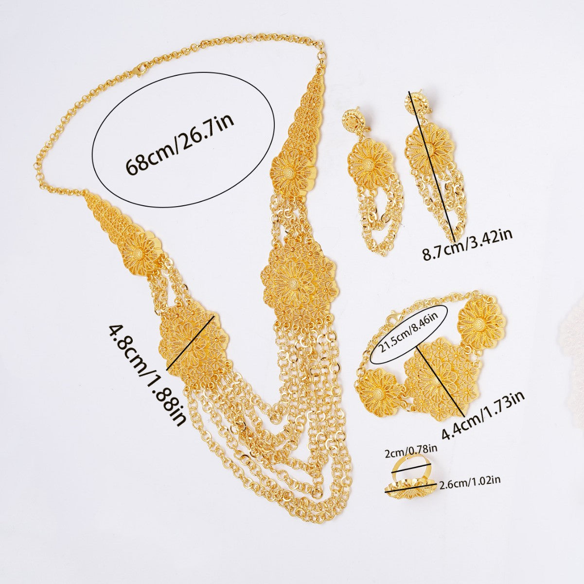 Gold Flower Necklace Earring Ring Bracelet Set