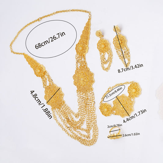Gold Flower Necklace Earring Ring Bracelet Set