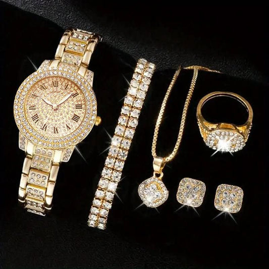 🎁 Diamond Fashion Roman Quartz Watch Five-piece Set (100% off)