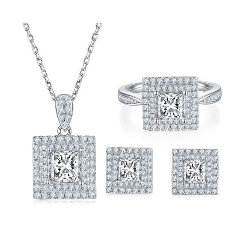 Moissanite Princess Square Rings Ear Studs Necklace - STRAVAÉ