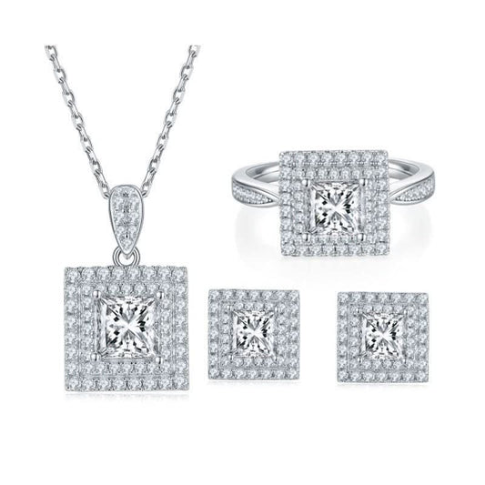 Moissanite Princess Square Rings Ear Studs Necklace - STRAVAÉ